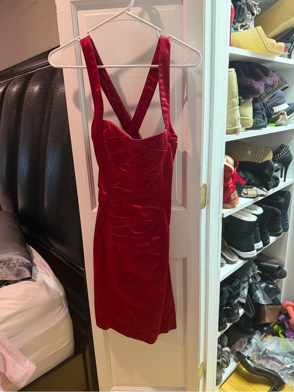 bebe Red Satin Cross-Back Mini Dress